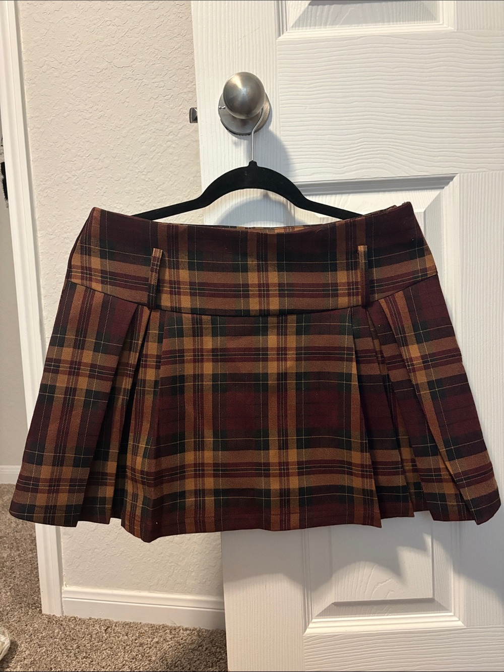 Commense Plaid Pleated Mini Skirt in Burgundy and Mustard